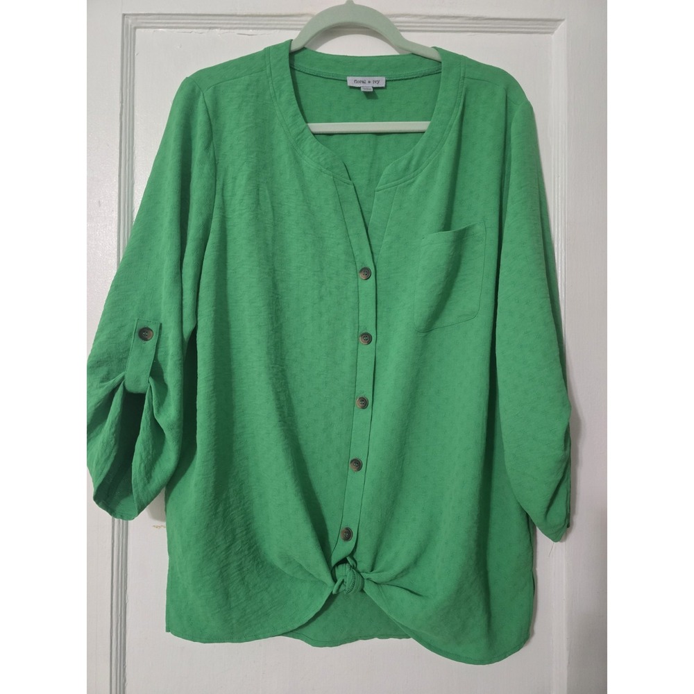 Floral & Ivy Tropical Tie Front Blouse Green Boho Resort Top Size Large